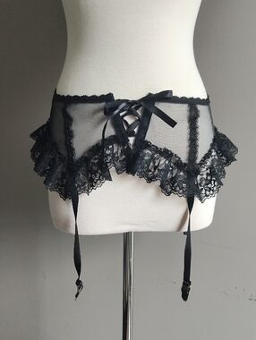Black Lace Ruffle Garter Belt with Ribbon Lacing